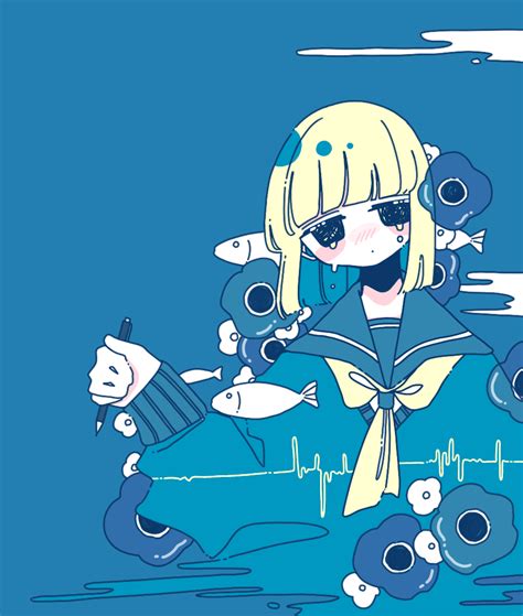 Safebooru 1girl Anemone Flower Black Eyes Blonde Hair Blue Background Blue Flower Blue Hair