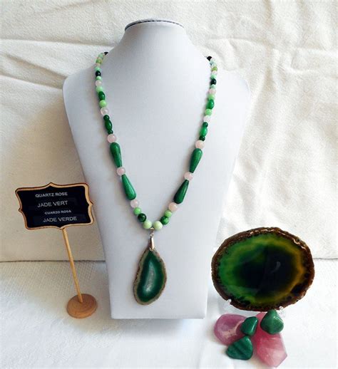 Collier Agate Verte Quartz Rose Jade Vert La Couleur De Lann E En