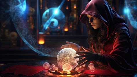 A mystic fortune teller gazes into a glowing crystal ball as tarot ...