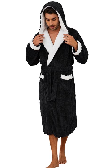 U2skiin Mens Robe With Hood Full Length Plush Robe For Men Contrast Thick Fleece Bathrobe Black