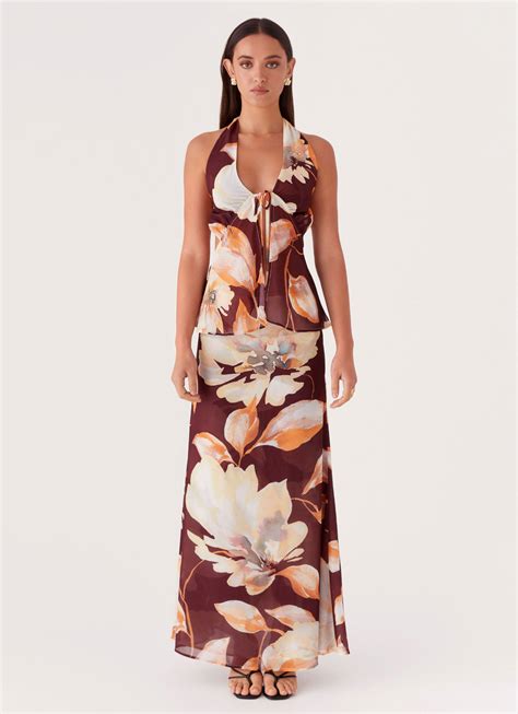 Camellia Halterneck Top - Brown Floral – Peppermayo US