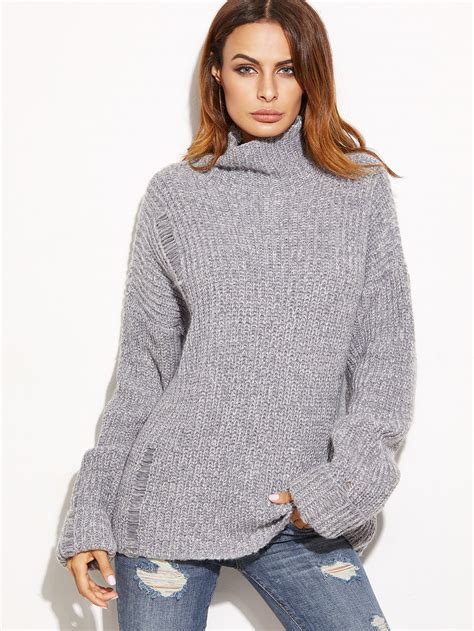 Grey Marled High Neck Ripped Oversized Sweater Oversized Grey Sweater