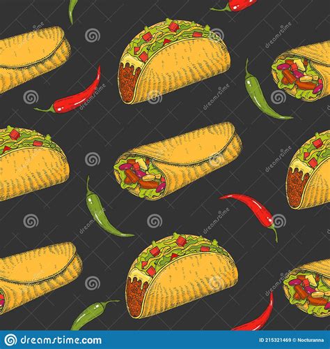 Seamless Pattern With Hand Drawn Mexican Food Chili Pepper Tacos