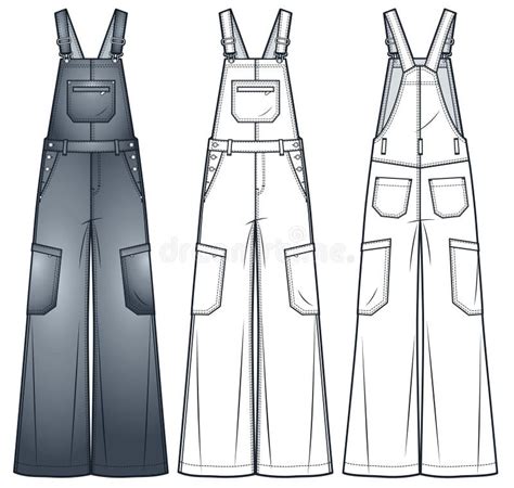 Wide Leg Dungarees Fashion Flat Technical Drawing Template Denim