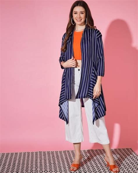 BuyNewTrend Navy Lycra Striped Women Longline Shrug JioMart