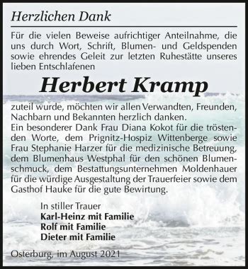 Traueranzeigen Von Herbert Kramp Abschied Nehmen De