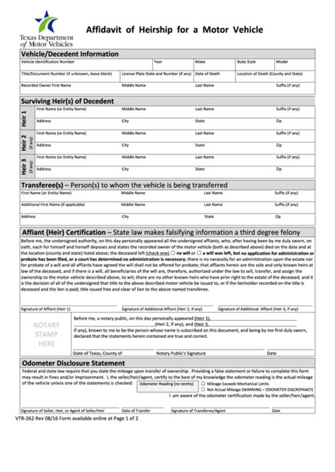 Fillable Form Vtr Affidavit Of Heirship For A Motor Vehicle