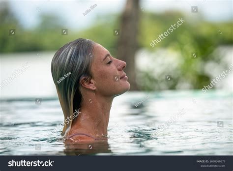 Portrait Blonde Woman Swimming Pool Happy Stock Photo Shutterstock