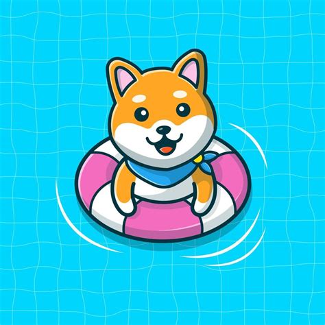 lindo perro shiba inu flotando con neumáticos de natación ilustración