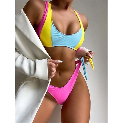 Women Beachwear Sexy Swimwear Patchwork High Cut Out Bikini Set New Bikini Swimwear And