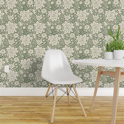 Peel & Stick Wallpaper 2FT Wide Sage Green Floral Hand Drawn ...