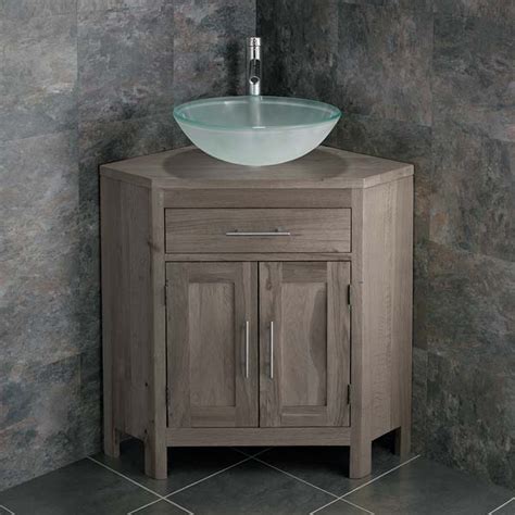 Large Oak Corner Bathroom Vanity Unit With Round Frosted Glass Basin