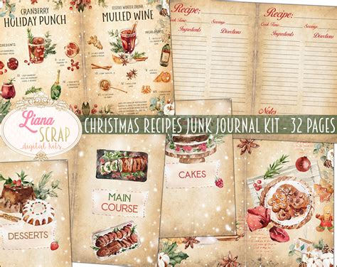 Christmas Recipes Junk Journal Kit Recipe Book Collage Printables Worksheets Library