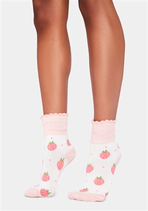 Strawberry Print Fold Over Ankle Socks Pink Dolls Kill