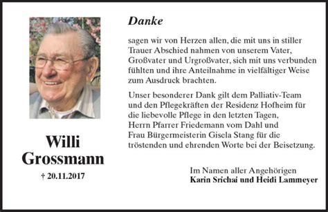 Traueranzeigen Von Willi Grossmann Vrm Trauer De