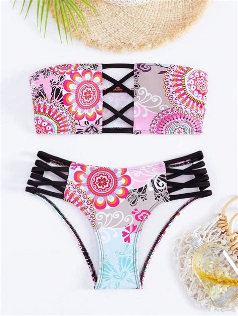 Women S Summer Beach New Floral Print Cut Out Bandeau Sexy Bikini Set Bathing Suits Shein Eur