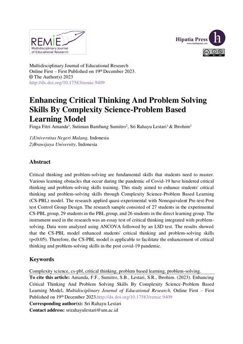 PDF Enhancing Critical Thinking And Problem Solving Skills By