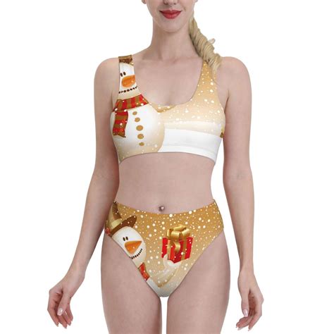 Bingfone Women S Bikini Sets Christmas Snowman Gift Print High Waisted