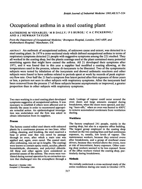 PDF Occupational Asthma In A Steel Coating Plant