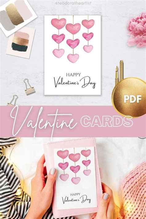 Printable Cards For Valentines Day With Watercolor Pink Heart Garland