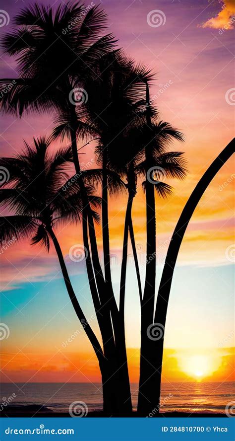 A Stunning Sunset Over the Ocean with Palm Trees Silhouettes Illustration Artificial ...