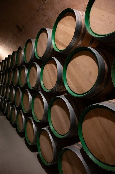 Old French Oak Wooden Barrels In Cellars For Wine Aging Process Wine