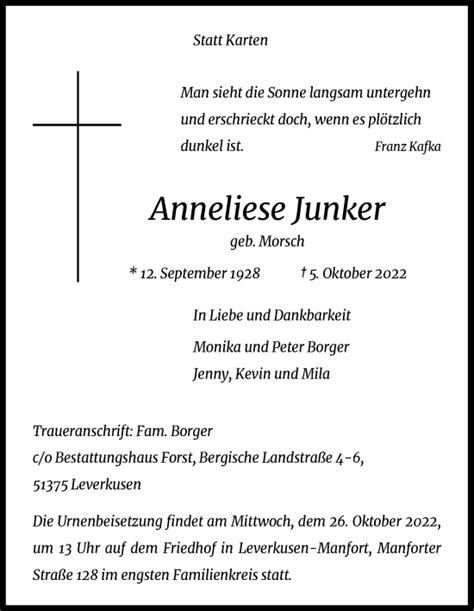 Traueranzeigen Von Anneliese Junker WirTrauern