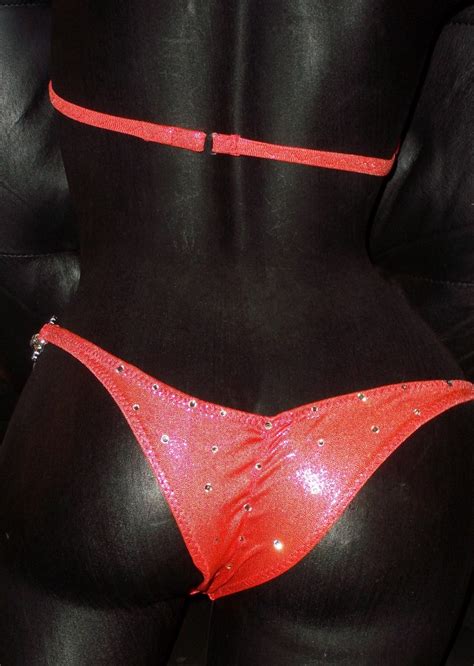 Style Coral Metallic Competition Bikini With Rhinestone Connectors