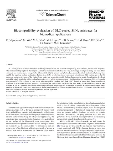 Pdf Biocompatibility Evaluation Of Dlc Coated Si3n4 Substrates For