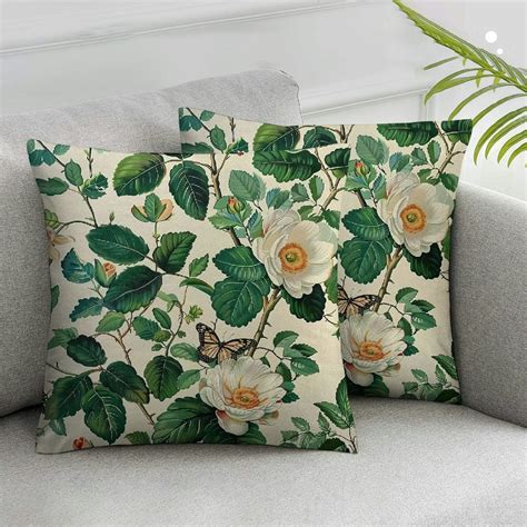 Jrxy Vintage Floral Throw Pillow Covers Flower Butterfly Green Botanical Plant Leaves Farmhouse