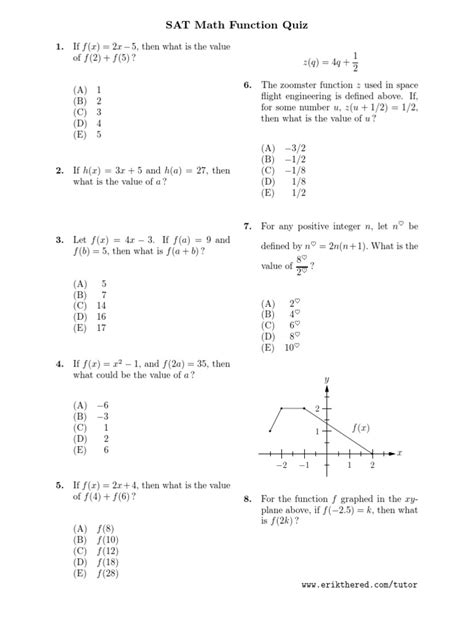 Sat Math Function Quiz Pdf Function Mathematics Cartesian Coordinate System