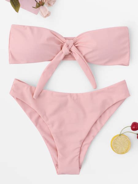 Pink Off The Shoulder Bowknot Detail Bandeau Bikini Us Yoins