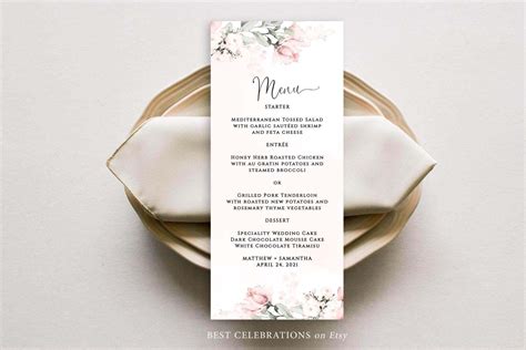 ROSA Wedding Menu Template Blush Pink Menu Card Template Etsy Menu