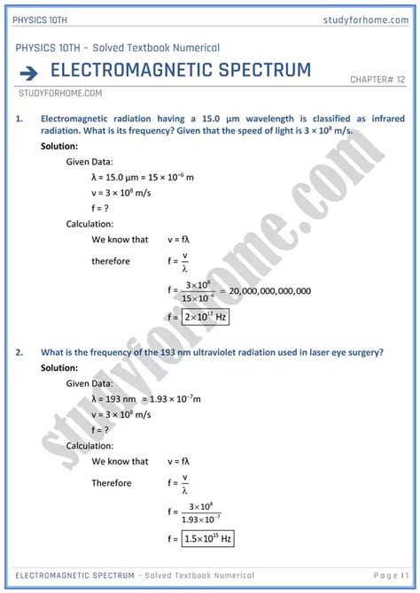 Electromagnet Spectrum Solved Textbook Numericals Physics Th