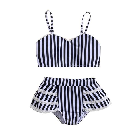 Coerni Girls Split Stripe Bathing Suits Cute Spaghetti Strap Flounce Bikini Swimsuit Summer