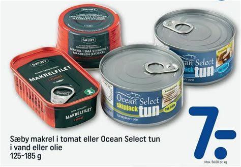 Sæby makrel i tomat eller Ocean Select tun i vand eller olie tilbud hos