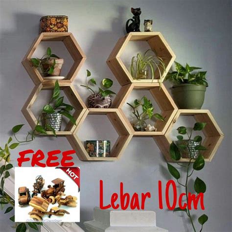 Jual Rak Dinding Hexagonal Ambalan Kayu Melayang Gantung Minimalis Pcs