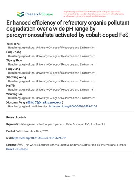 Pdf Enhanced Efficiency Of Refractory Organic Pollutant Degradation Over A Wide Ph Range By