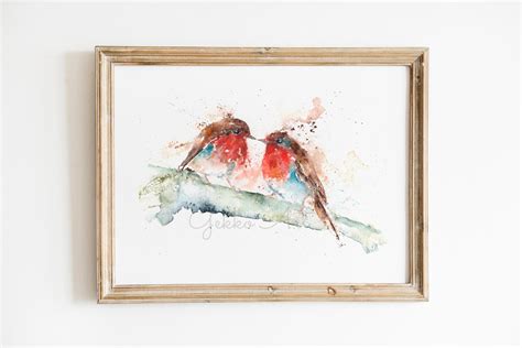 Robins Kiss Watercolour Print Wildlife Artist Sandi Mower Gekko Art