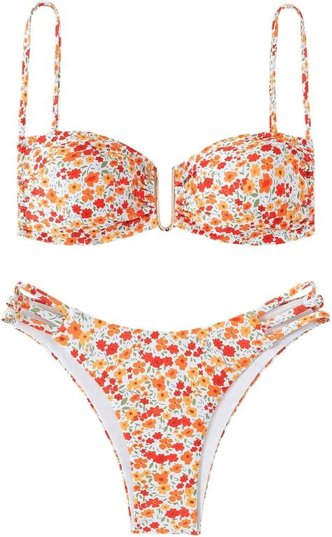 Amazon Makemechic Women S Piece Swimsuit Ruched Tie Back High Cut Bikini Set Cut Out