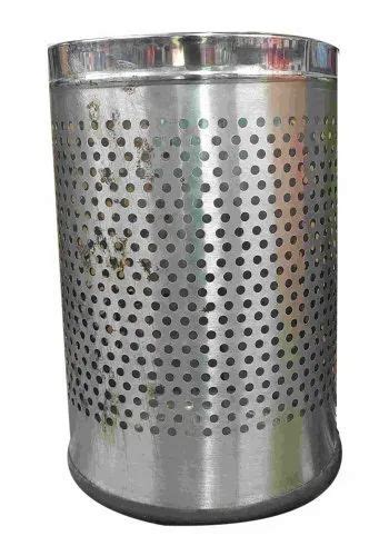 Open Top Silver Stainless Steel Perforated Dustbin For Office