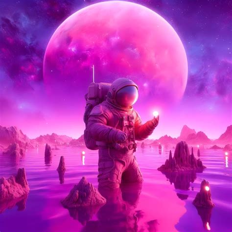 Premium AI Image Astronaut Exploring A Pink Lake On A Unknown Planet