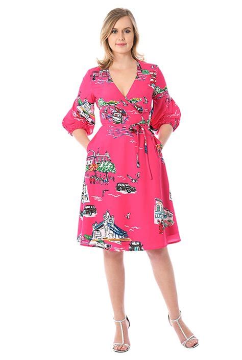 Shop Ruched Bell Sleeve Landscape Print Crepe Wrap Dress Eshakti