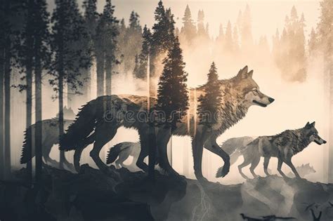 Double Exposure of Wolf Howling in Forest and Pack of Wolves Running ...