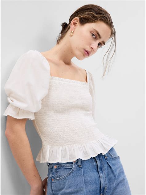 Puff Sleeve Smocked Peplum Top Gap