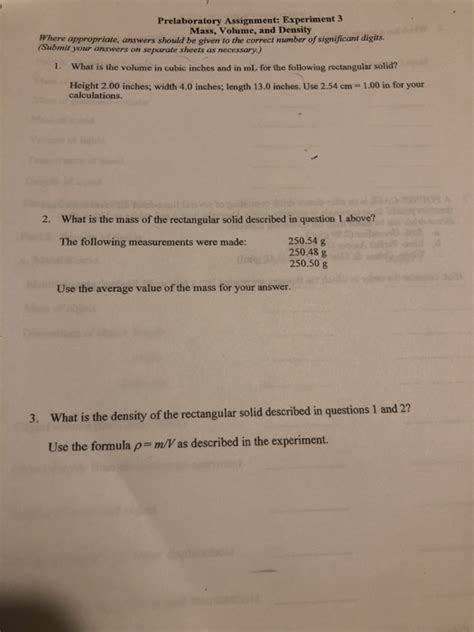 Solved Prelaboratory Assignment: Experiment 3 Mass, Volume, | Chegg.com 