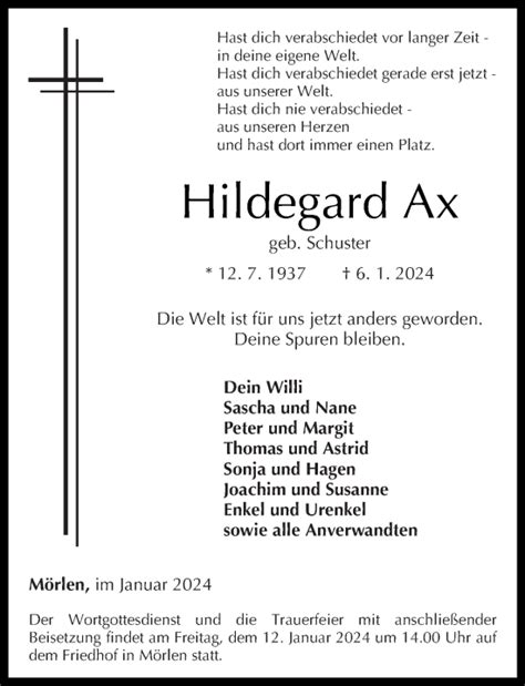 Traueranzeigen Von Hildegard Ax Rz Trauer De