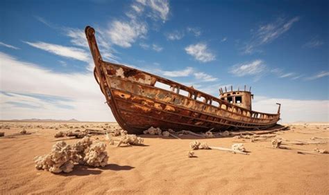 Premium Photo A Rusted Boat Sitting On Top Of A Sandy Beach