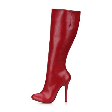 Fashion Knee High Boots Casual PU Leather Boots Red High Heels Sexy ...