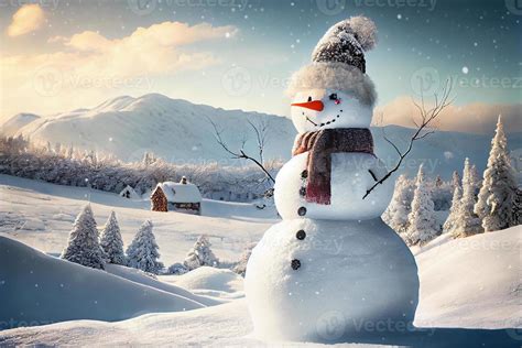 Snowman standing in Winter Christmas landscape. Snow background with ...